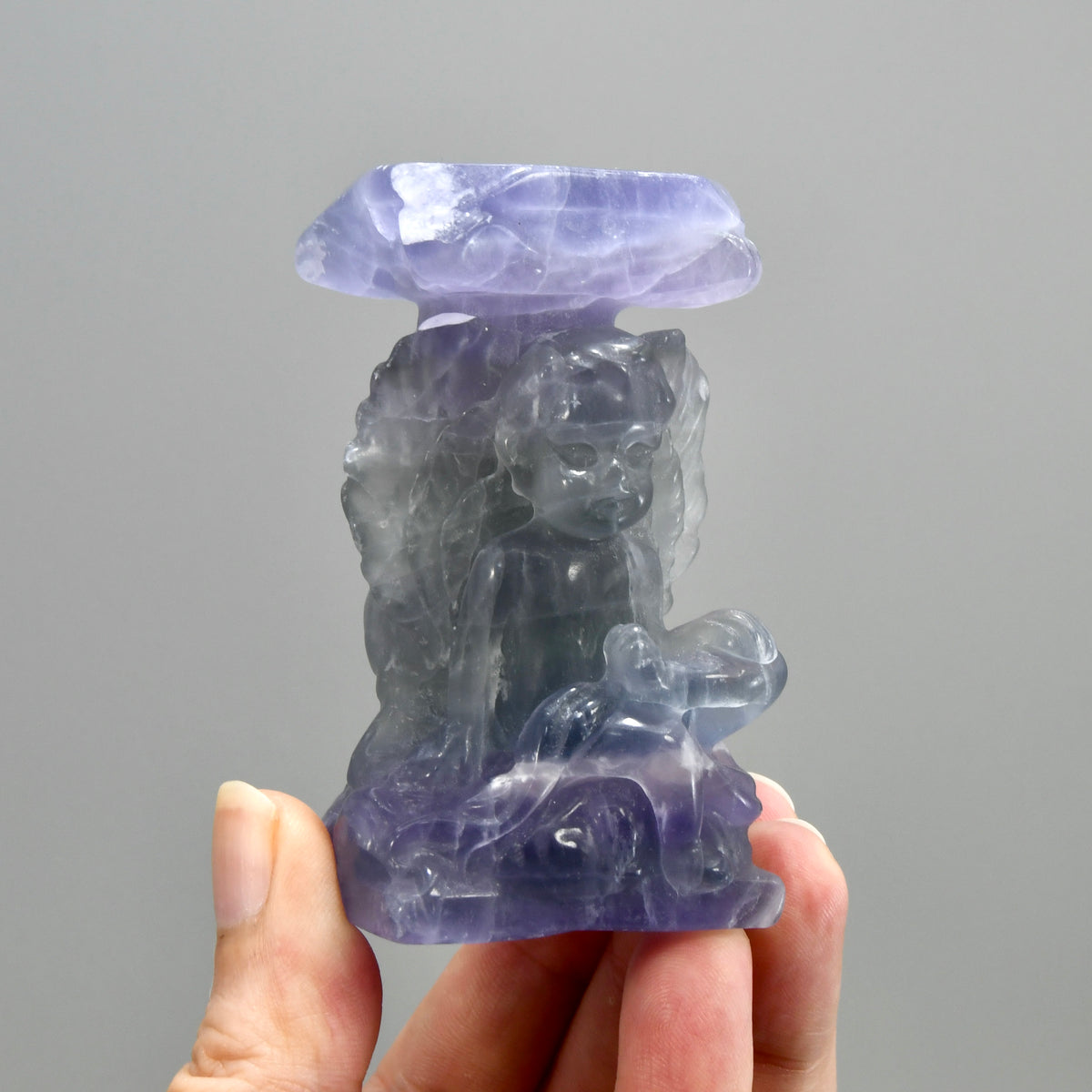 Purple Fluorite Carved Crystal Angel Sphere Stand