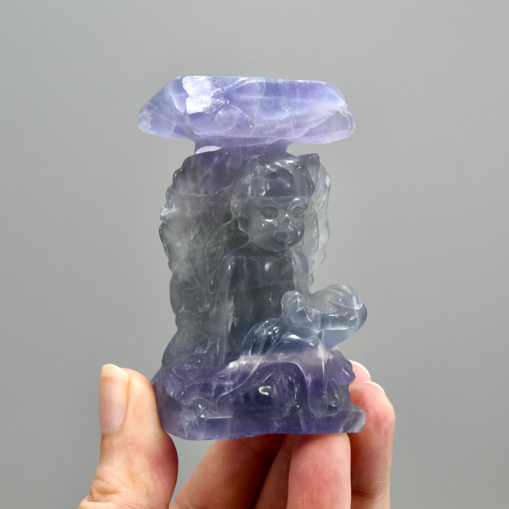 Purple Fluorite Carved Crystal Angel Sphere Stand
