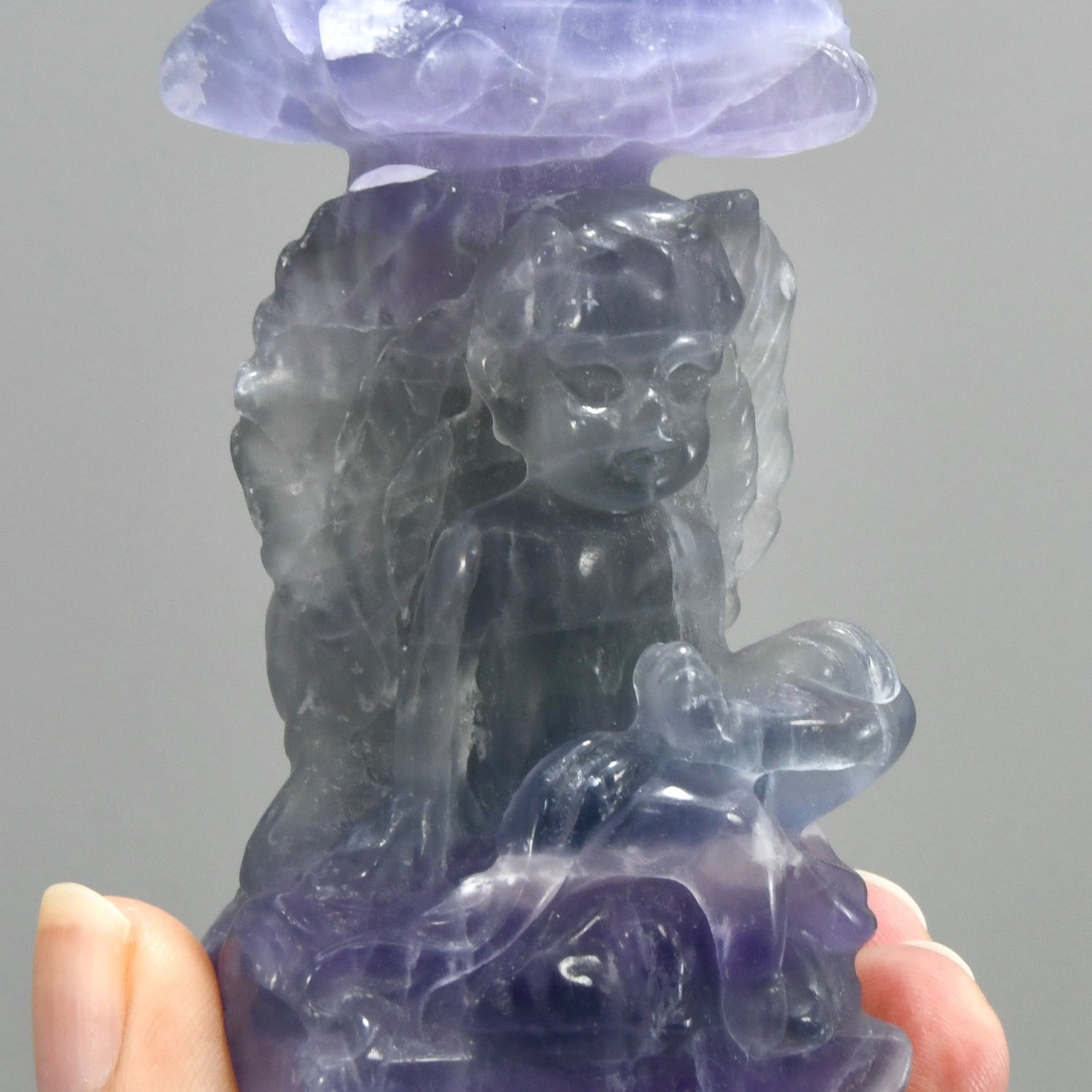 Purple Fluorite Carved Crystal Angel Sphere Stand