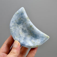 Load image into Gallery viewer, moon shaped,healing chakra reiki,green diopside,crescent moon,communication throat,caspar curiosities,blue crystal bowls,offering dish,crystal altar decor,blue calcite crystal,blue calcite,crystal moon bowls,calcite crystalsBlue Calcite Diopside Carved Crystal Moon Bowl
