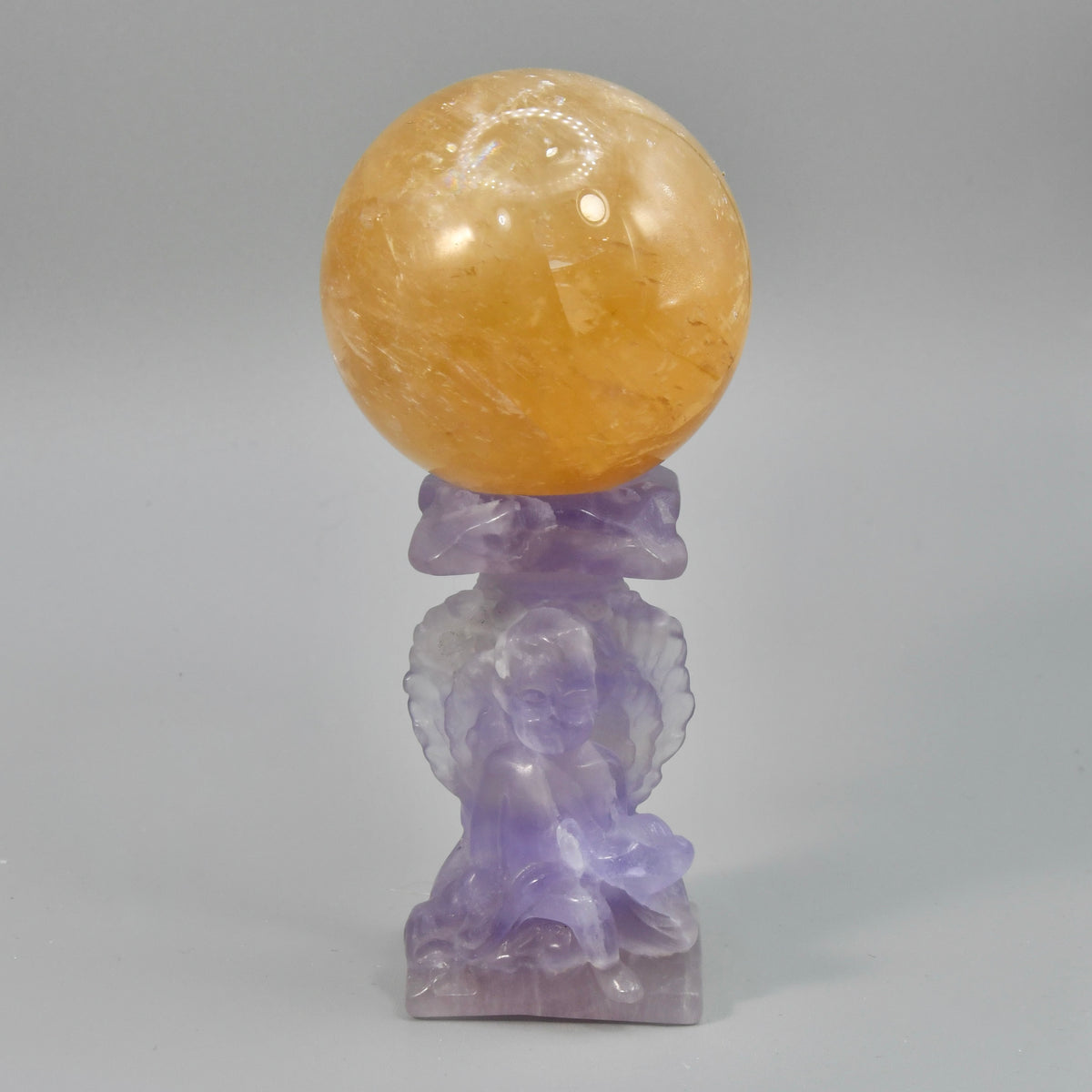 Purple Fluorite Carved Crystal Angel Sphere Stand