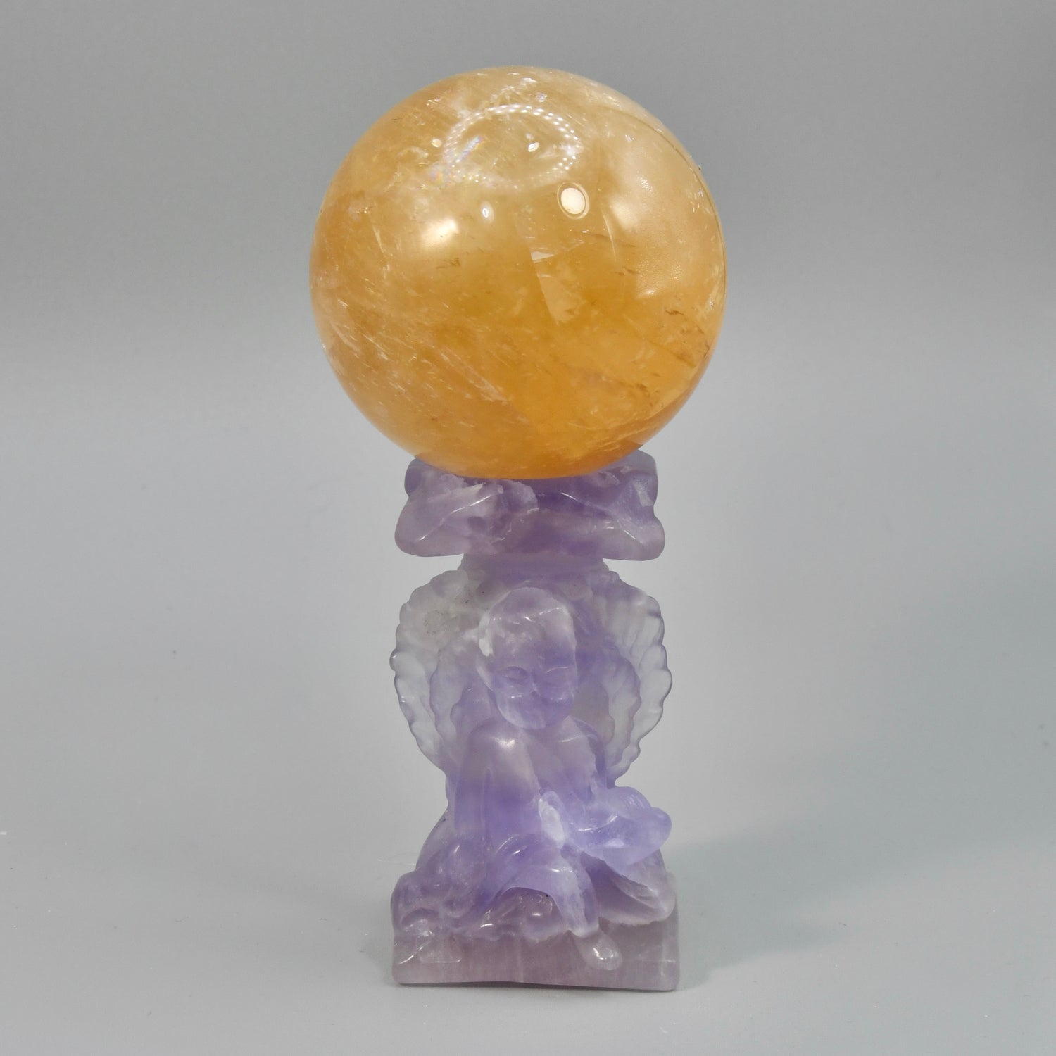 Purple Fluorite Carved Crystal Angel Sphere Stand