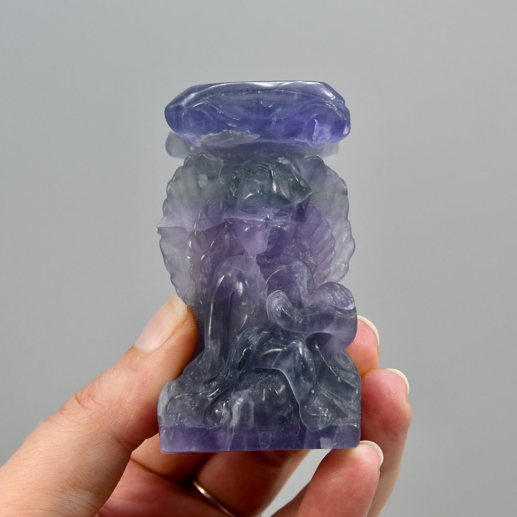 Purple Fluorite Carved Crystal Angel Sphere Stand
