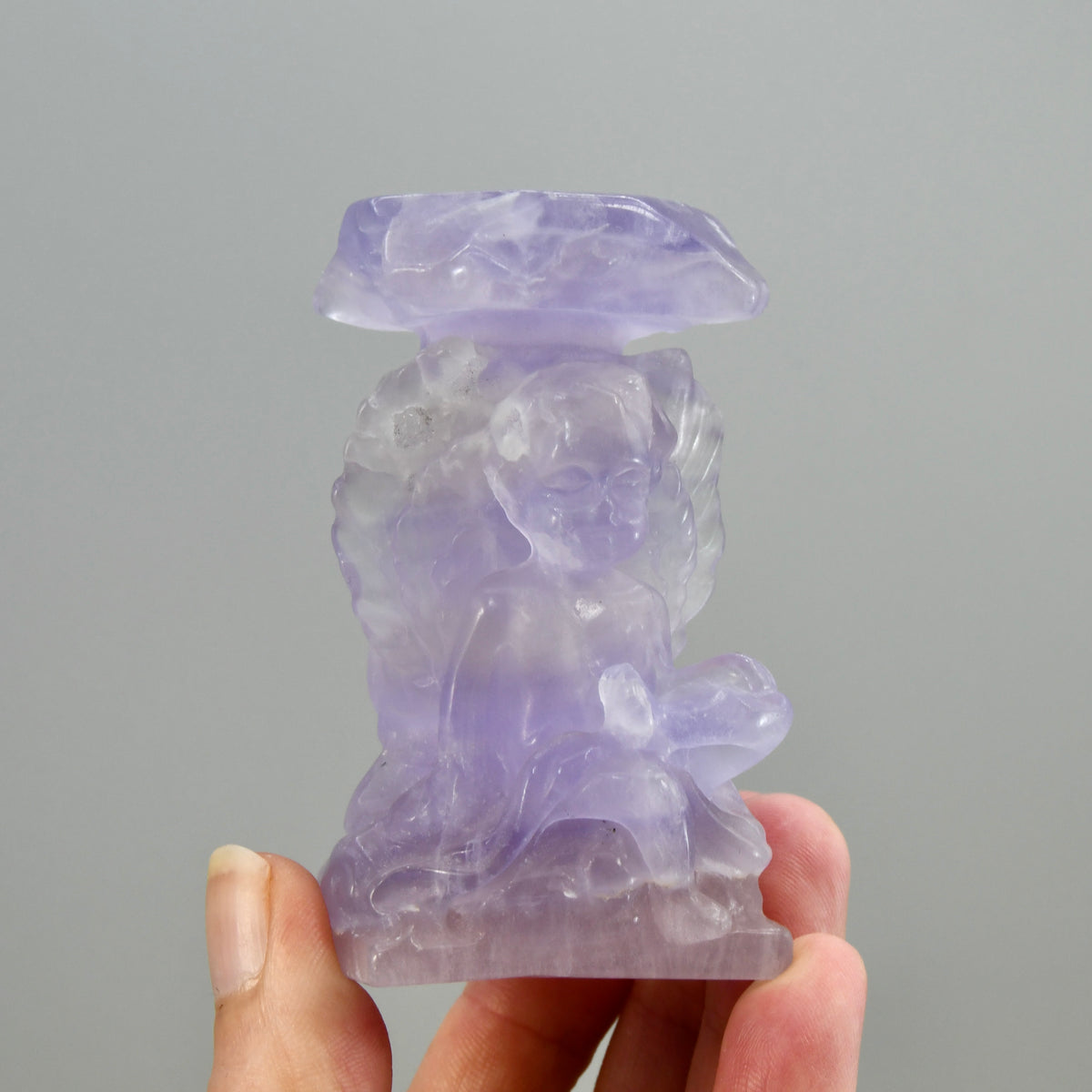 Purple Fluorite Carved Crystal Angel Sphere Stand