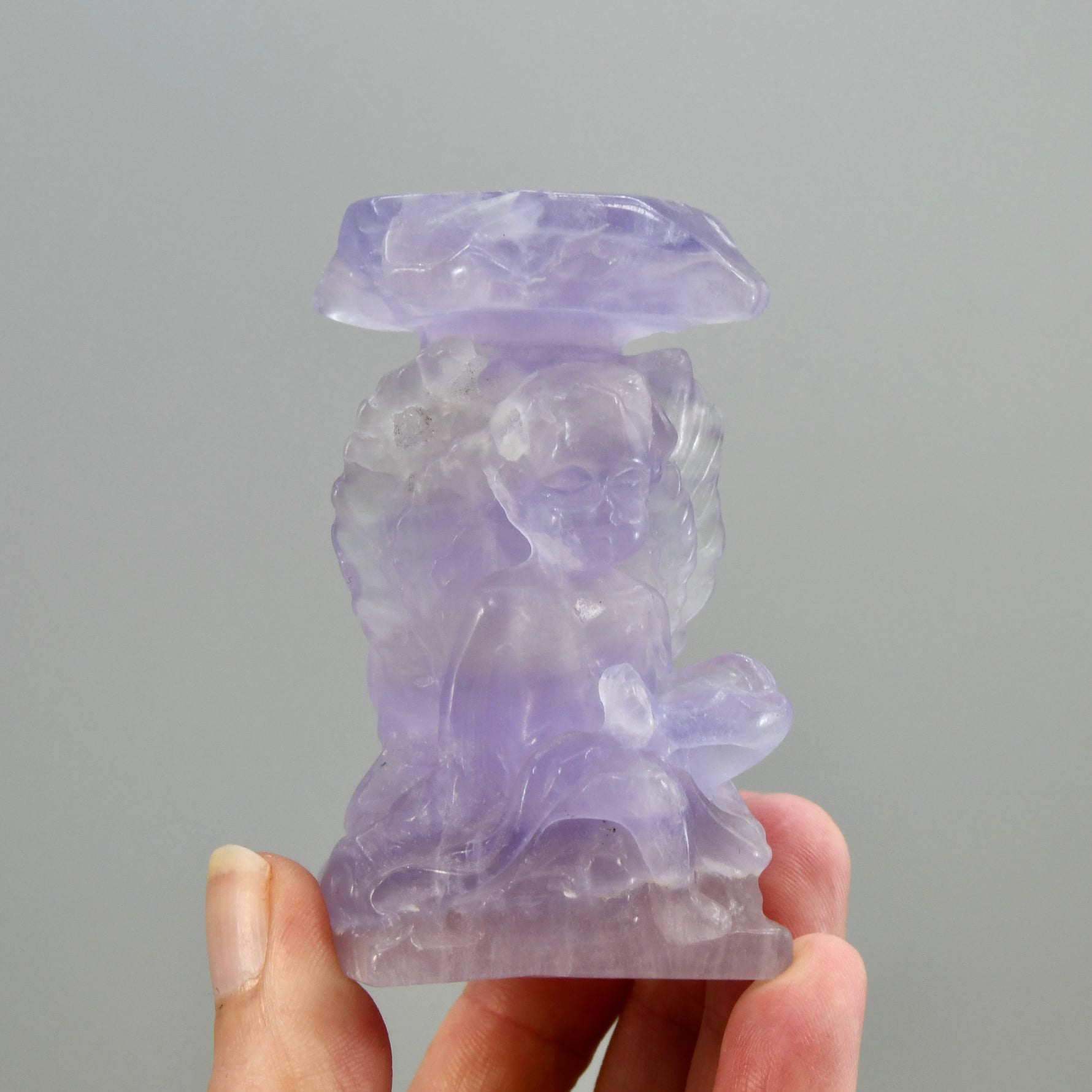 Purple Fluorite Carved Crystal Angel Sphere Stand