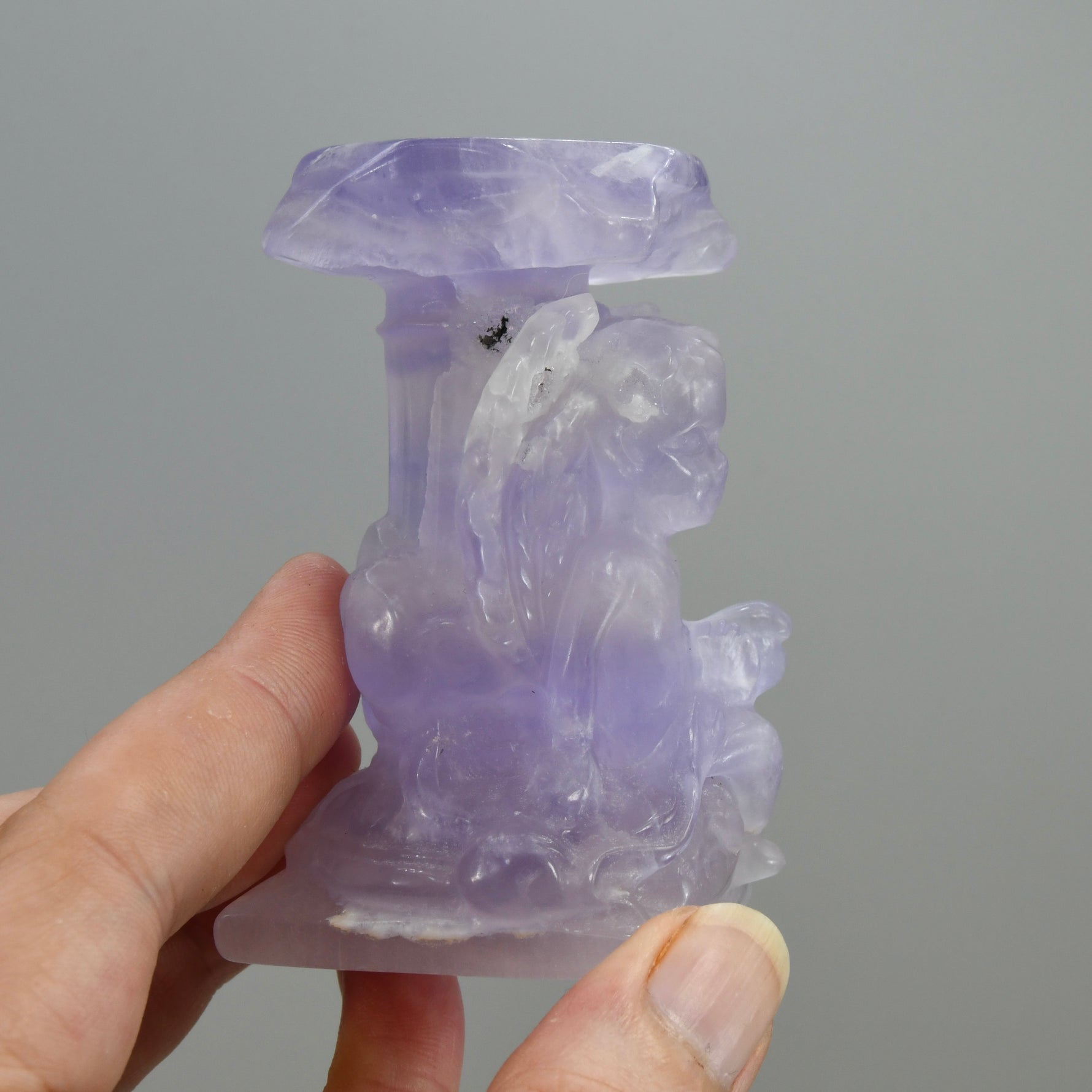 Purple Fluorite Carved Crystal Angel Sphere Stand