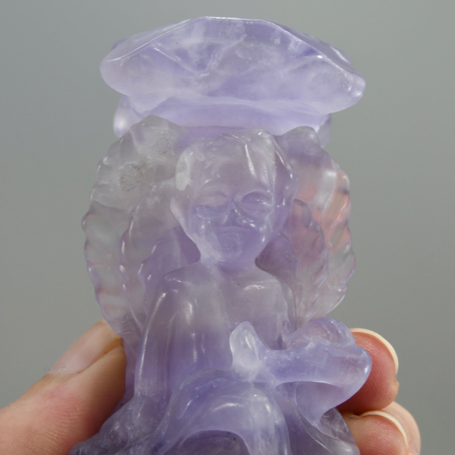 Purple Fluorite Carved Crystal Angel Sphere Stand