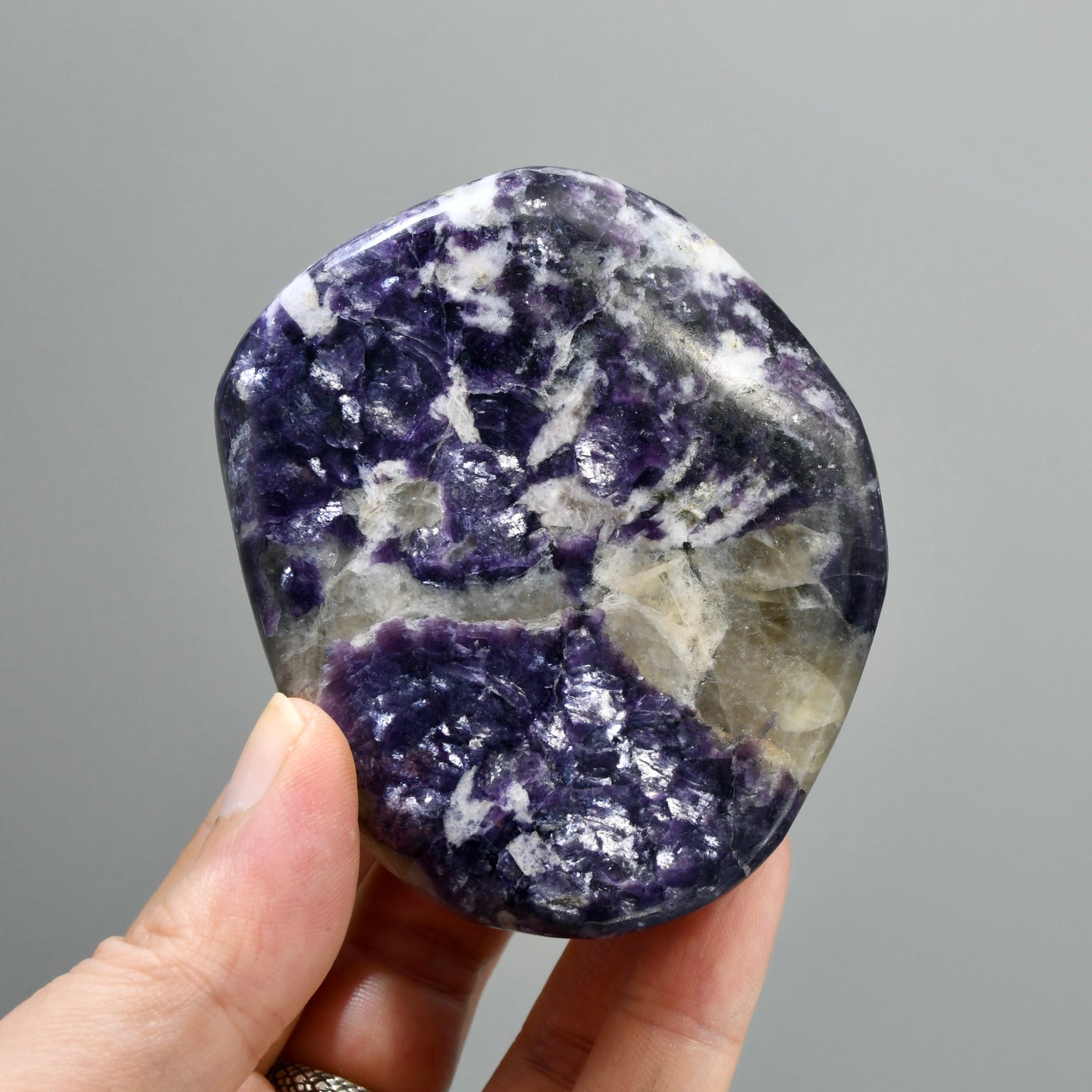 Gem Lepidolite Crystal Palm Stone, Silver Leaf Lepidolite Crystals