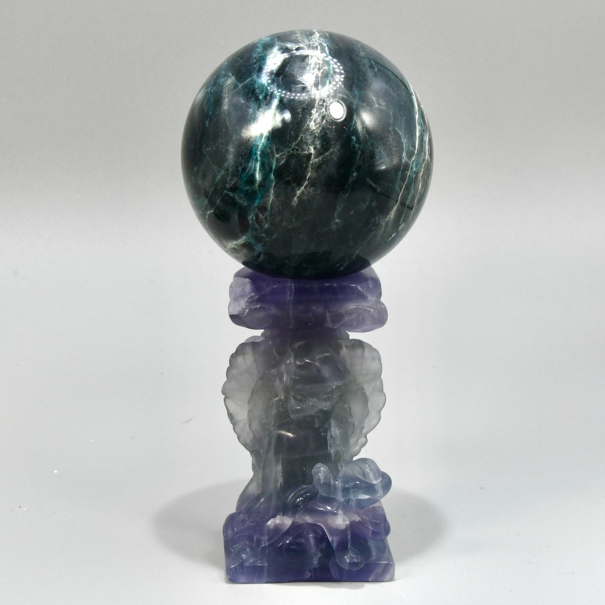 Purple Fluorite Carved Crystal Angel Sphere Stand