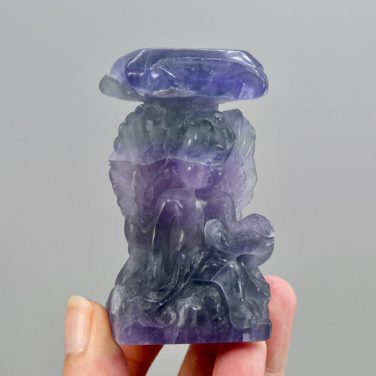 Purple Fluorite Carved Crystal Angel Sphere Stand