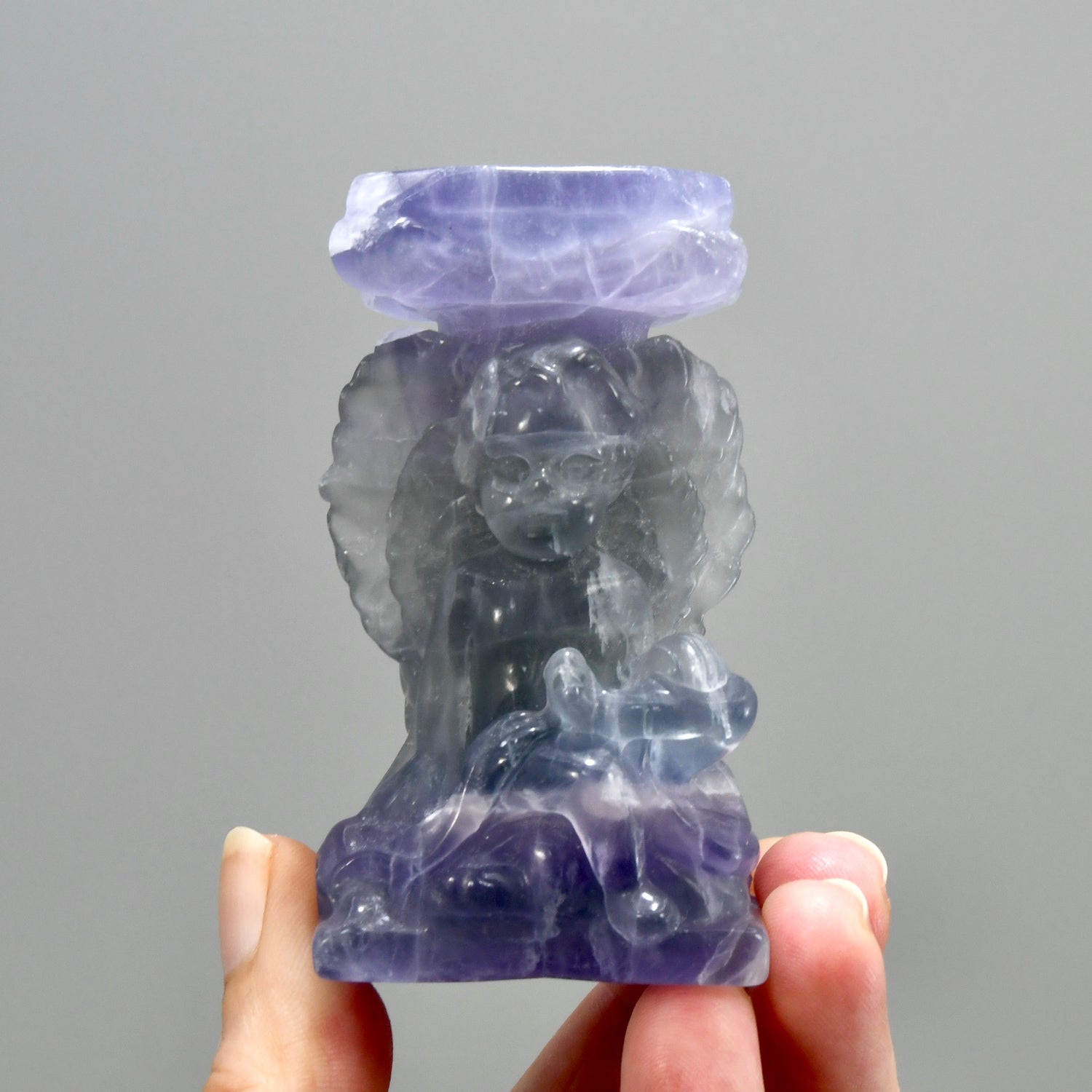 Purple Fluorite Carved Crystal Angel Sphere Stand