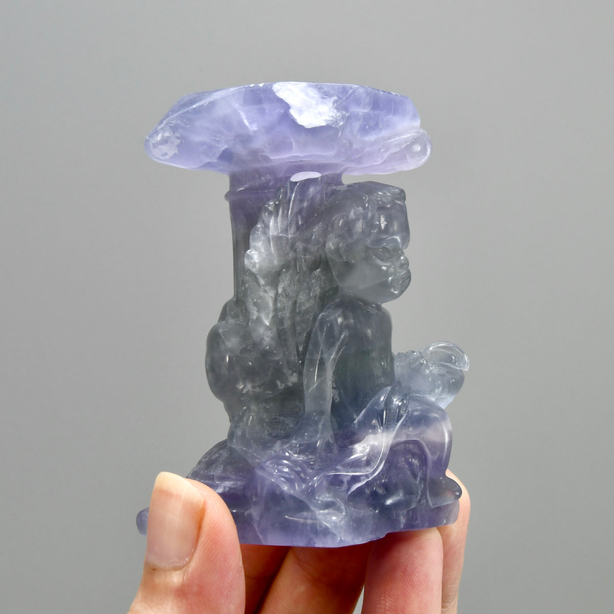 Purple Fluorite Carved Crystal Angel Sphere Stand