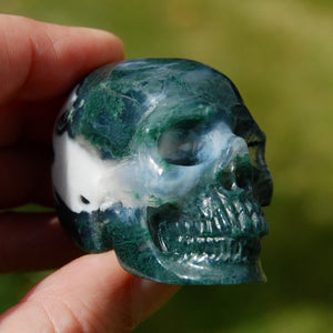 Gemmy Moss Agate Crystal Skull Realistic Gemstone Carving