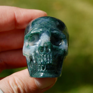 Gemmy Moss Agate Crystal Skull Realistic Gemstone Carving