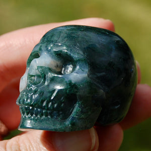 Gemmy Moss Agate Crystal Skull Realistic Gemstone Carving