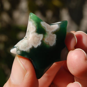 Green Sakura Flower Agate Crystal Star Carving