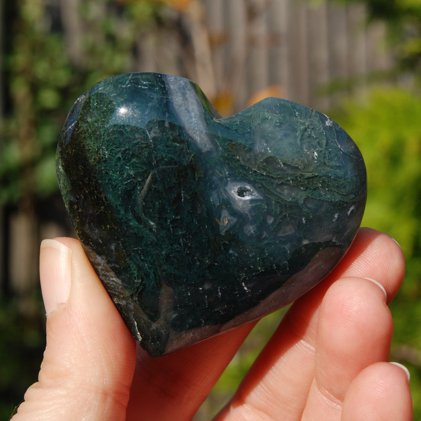 Moss Agate Crystal Heart Palm Stone