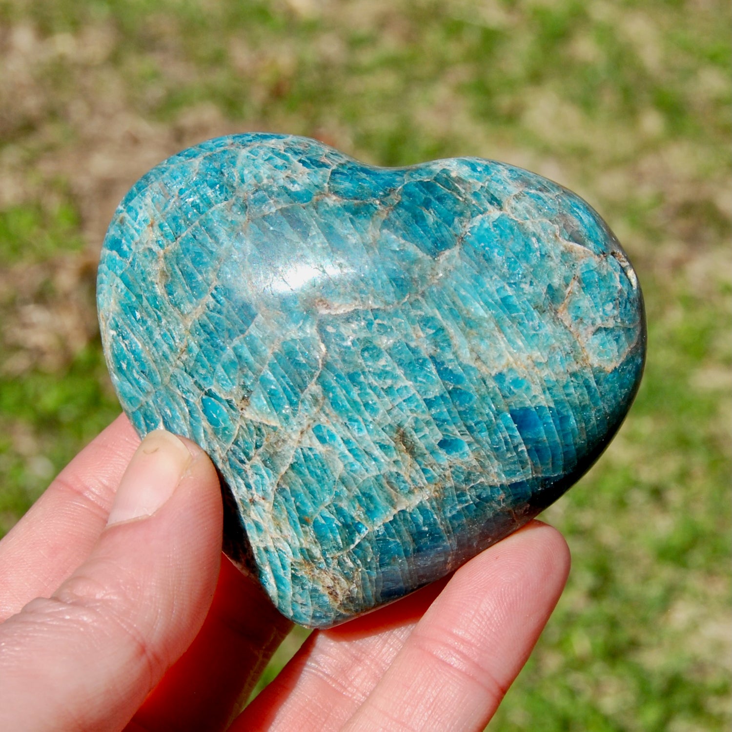 Large Blue Apatite Crystal Heart Shaped Palm Stone