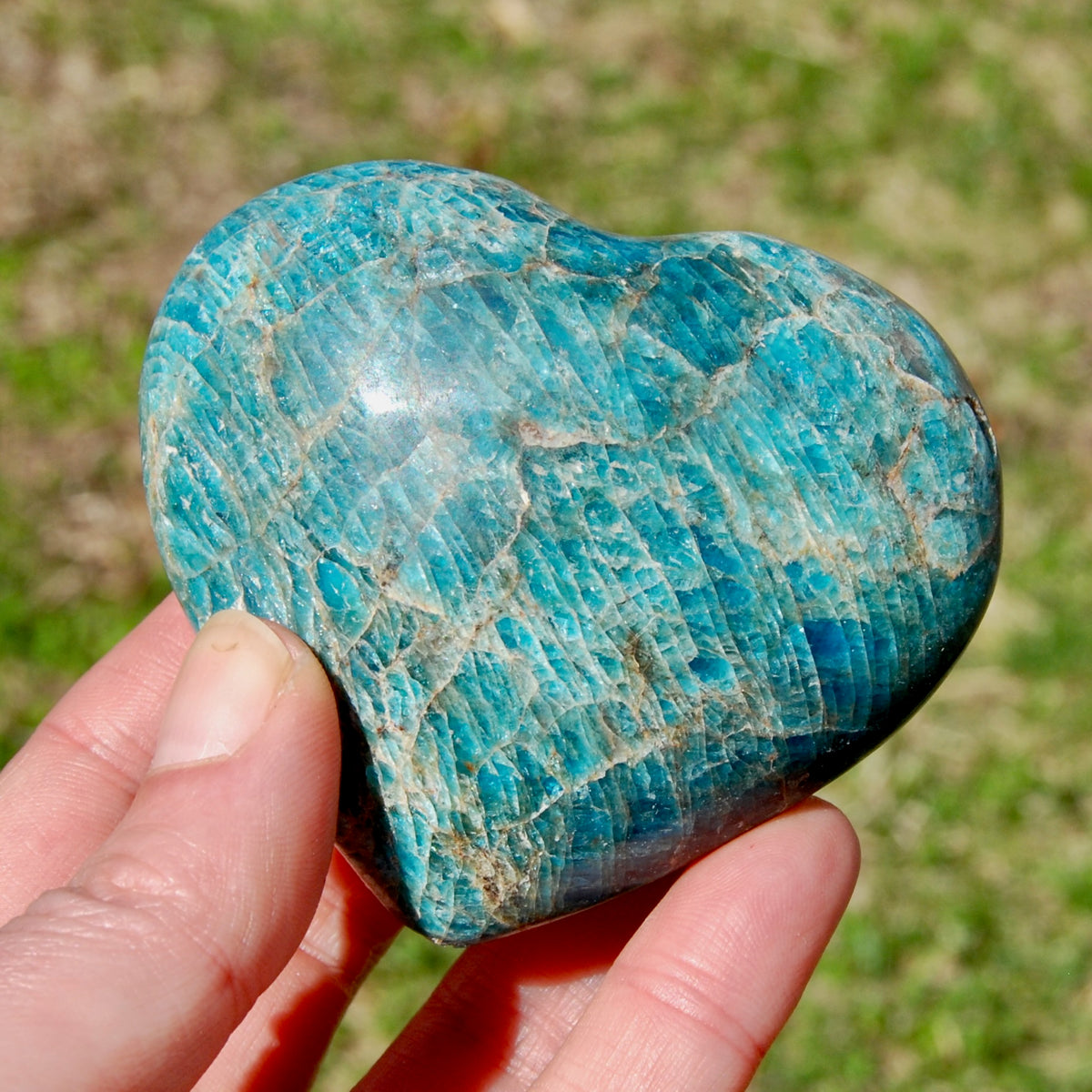 Large Blue Apatite Crystal Heart Shaped Palm Stone