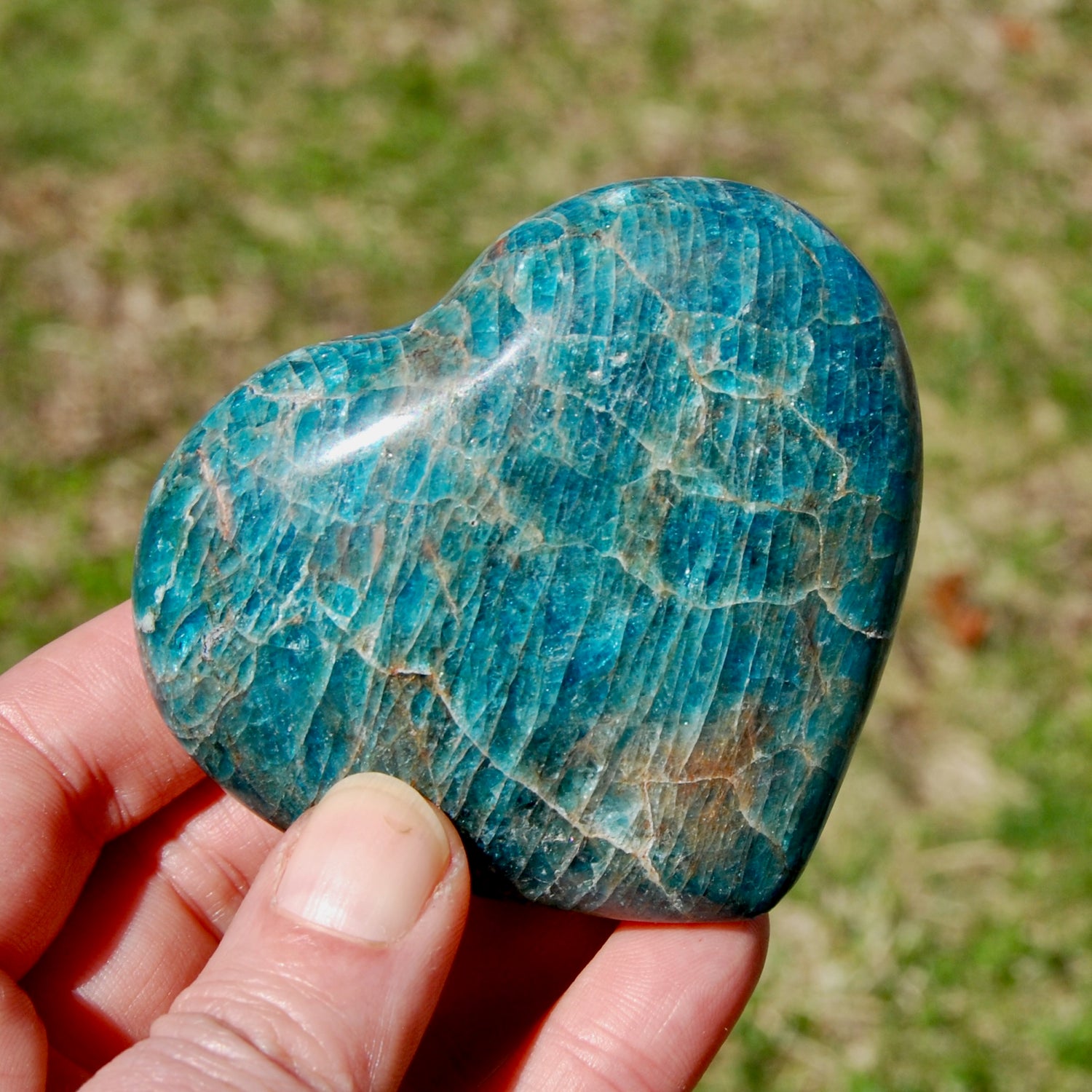 Large Blue Apatite Crystal Heart Shaped Palm Stone