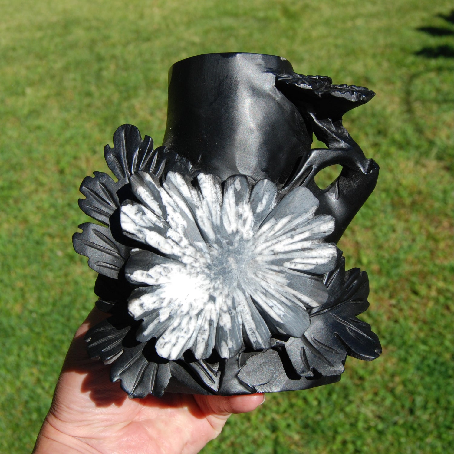 Chrysanthemum Stone Crystal Vase – 5.75" Hand Carved Ornate Flower Design, Joy & Harmony, Transformation Energy