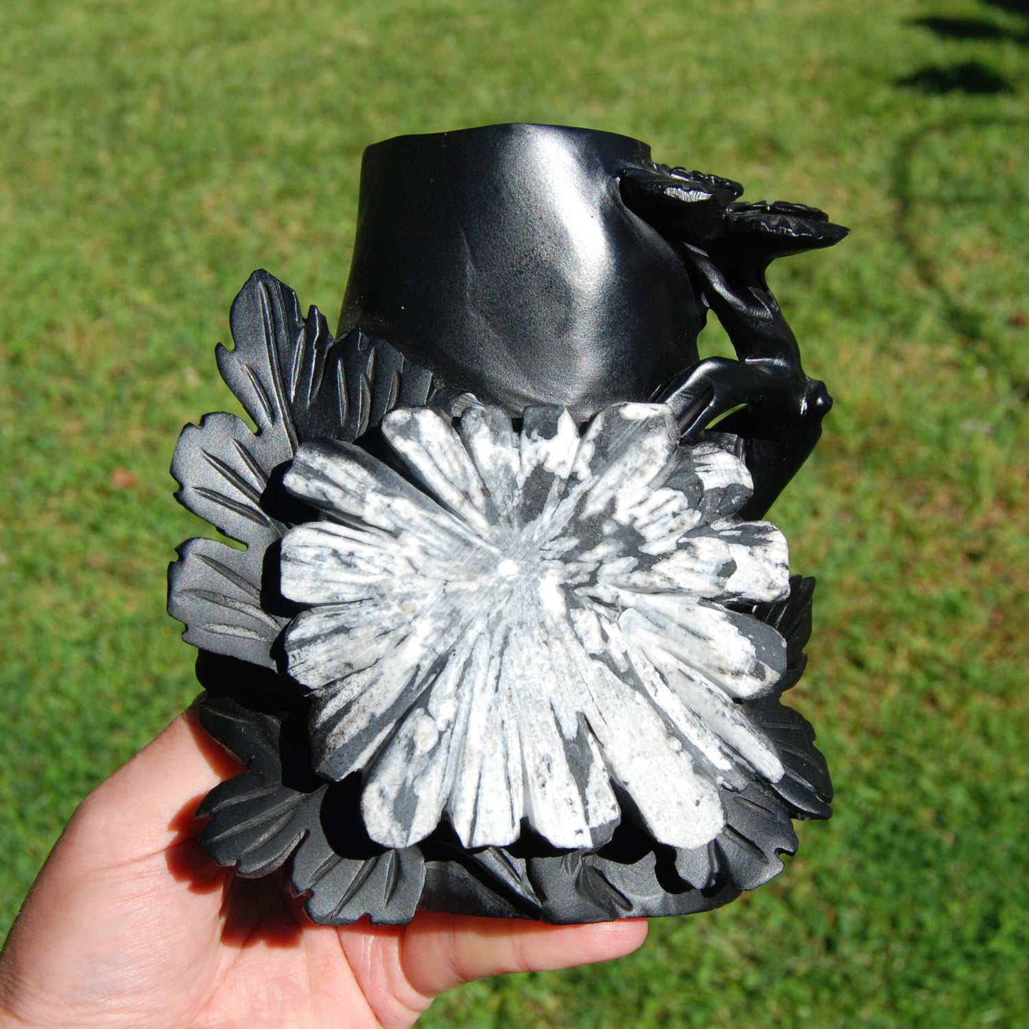 Chrysanthemum Stone Crystal Vase - 5.75" Hand Carved Ornate Flower Design, Joy & Harmony, Transformation Energy