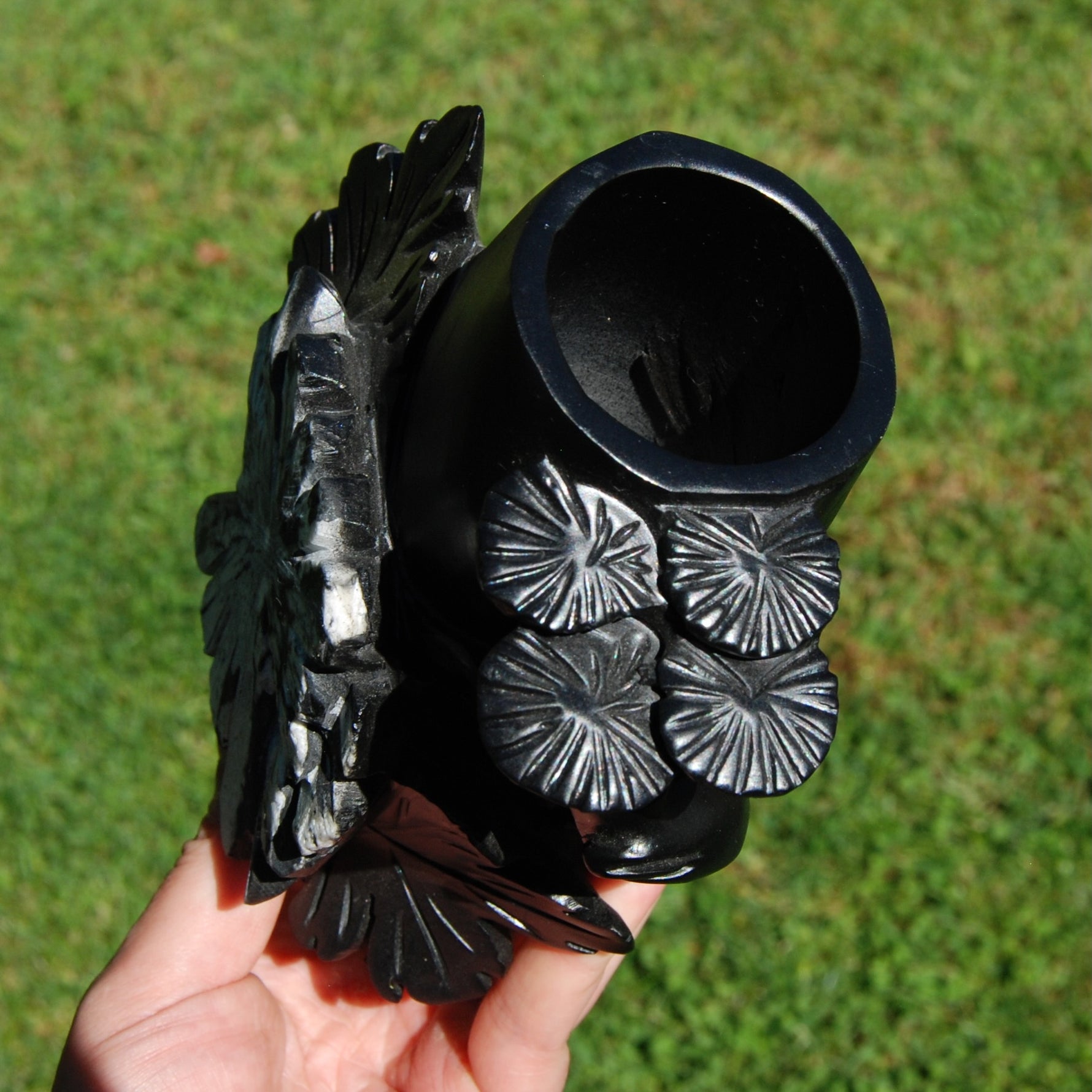 Chrysanthemum Stone Crystal Vase - 5.75" Hand Carved Ornate Flower Design, Joy & Harmony, Transformation Energy