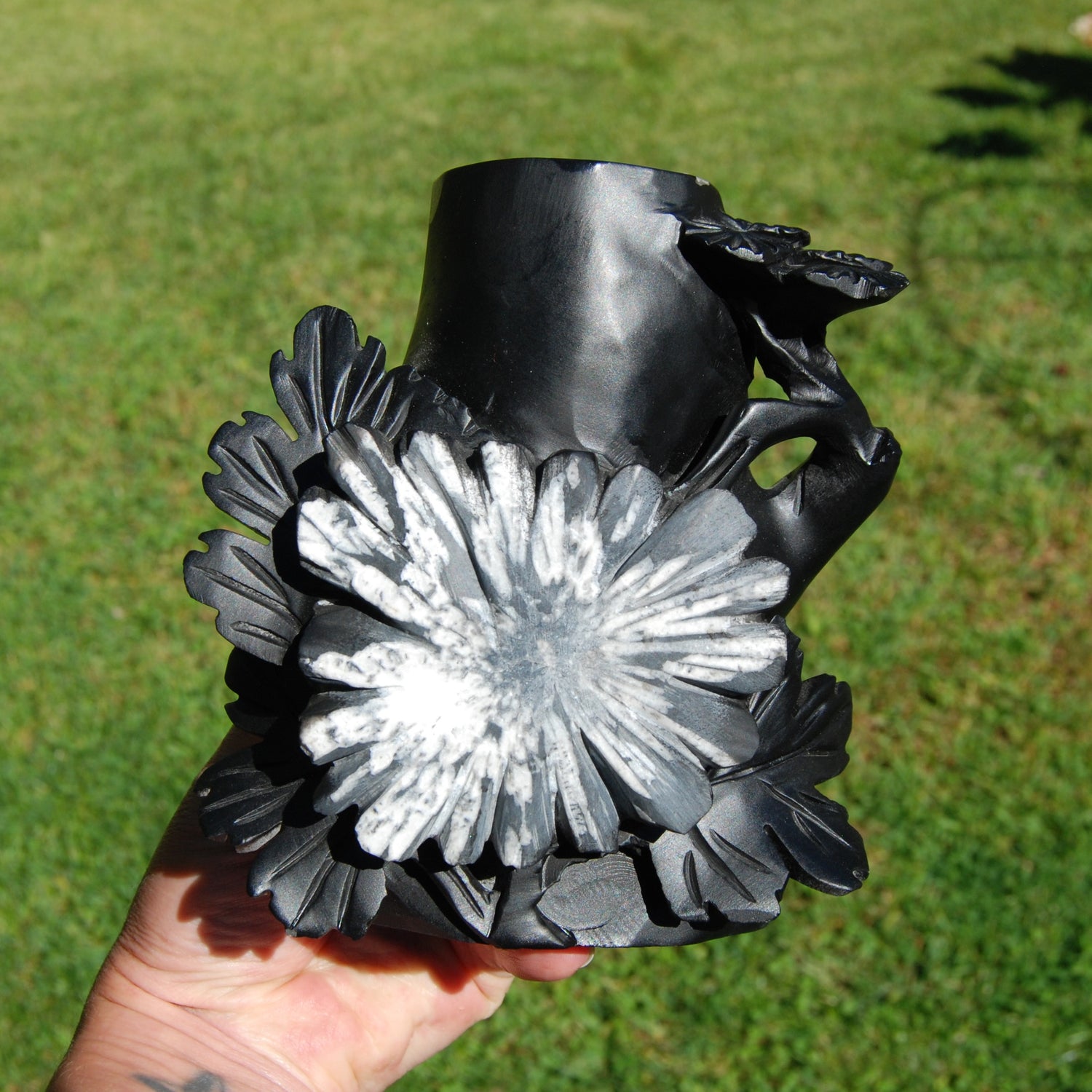 Chrysanthemum Stone Crystal Vase – 5.75" Hand Carved Ornate Flower Design, Joy & Harmony, Transformation Energy