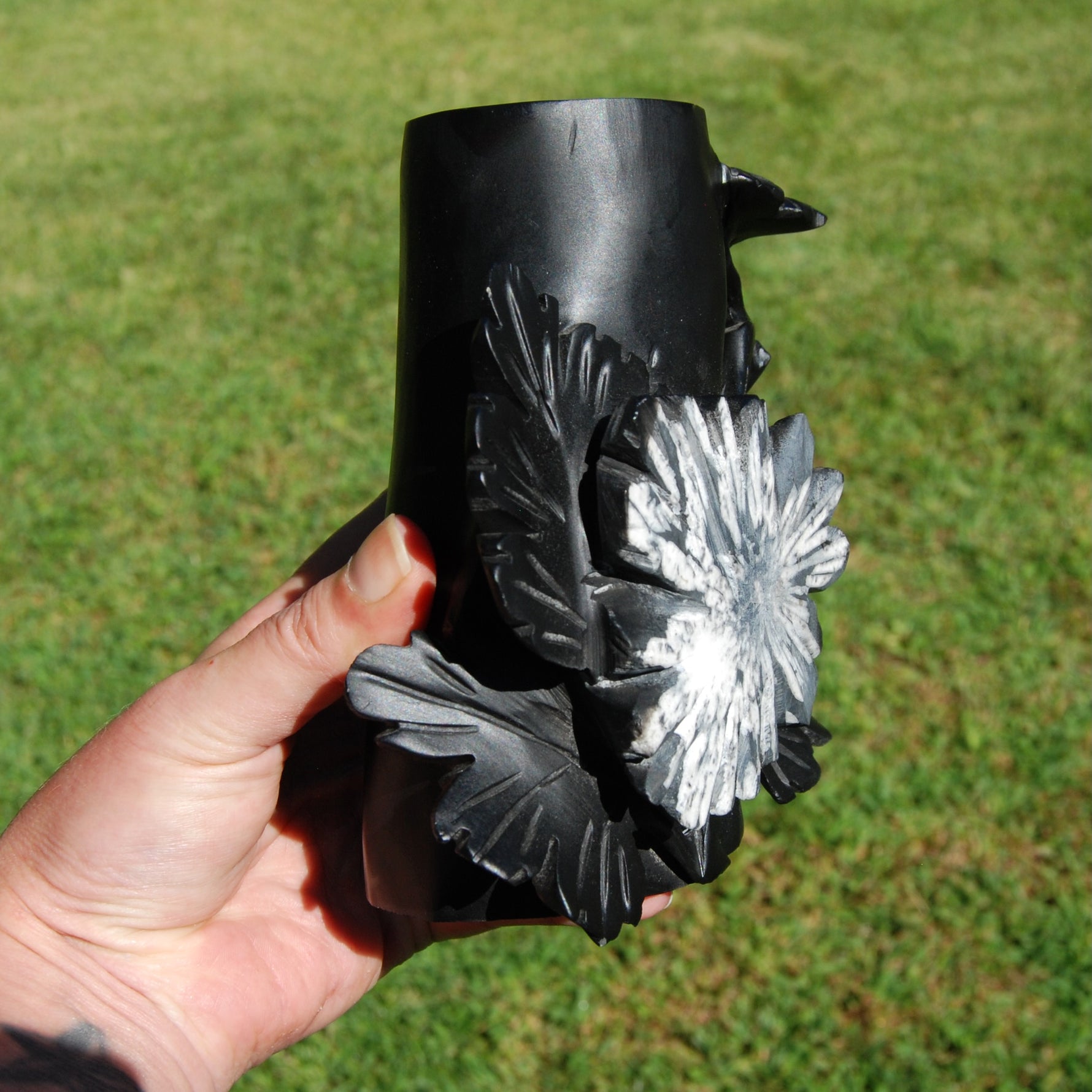 Chrysanthemum Stone Crystal Vase – 5.75" Hand Carved Ornate Flower Design, Joy & Harmony, Transformation Energy