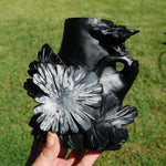 Chrysanthemum Stone Crystal Vase – 5.75" Hand Carved Ornate Flower Design, Joy & Harmony, Transformation Energy