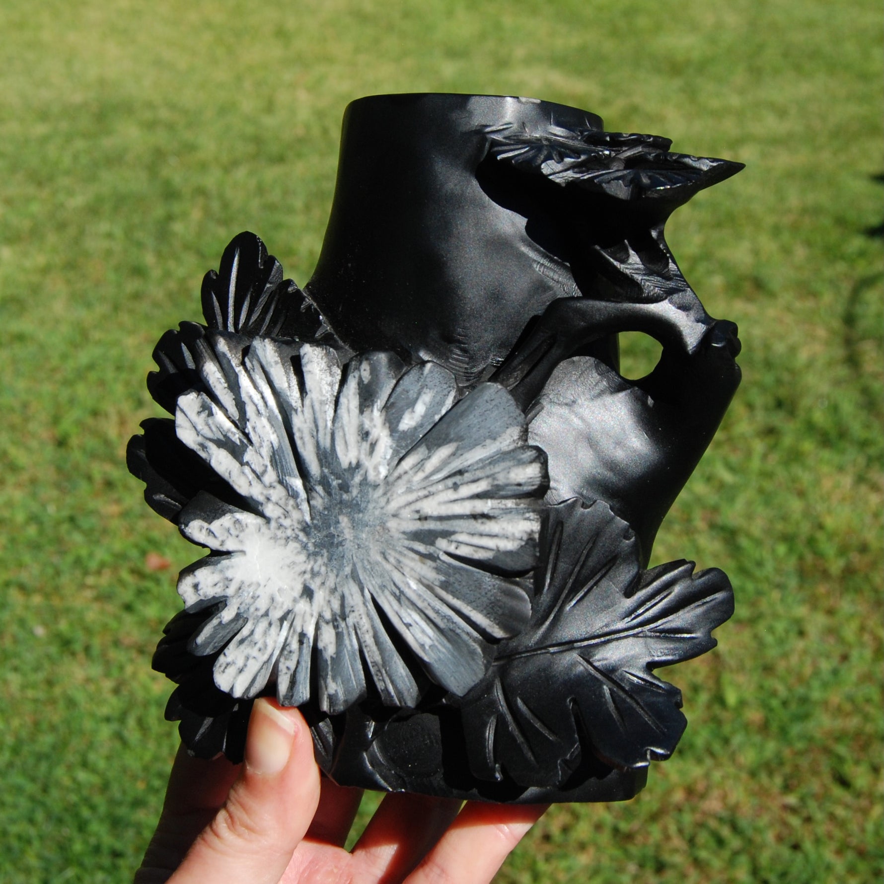 Chrysanthemum Stone Crystal Vase – 5.75" Hand Carved Ornate Flower Design, Joy & Harmony, Transformation Energy