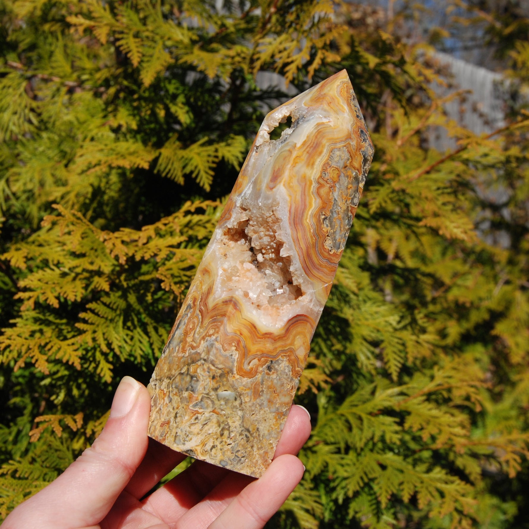 Crazy lace agate crystal tower