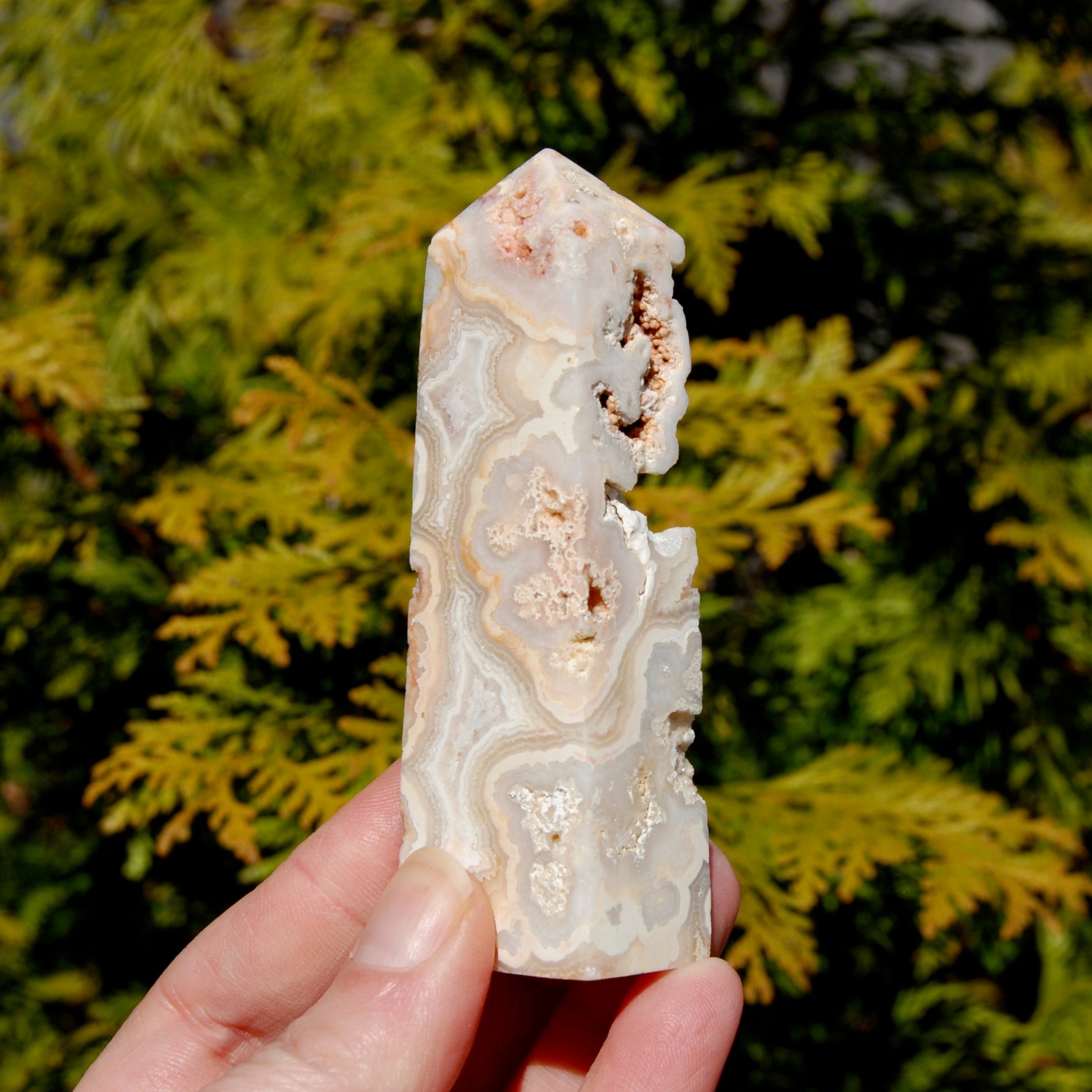 Pink crazy lace agate crystal tower