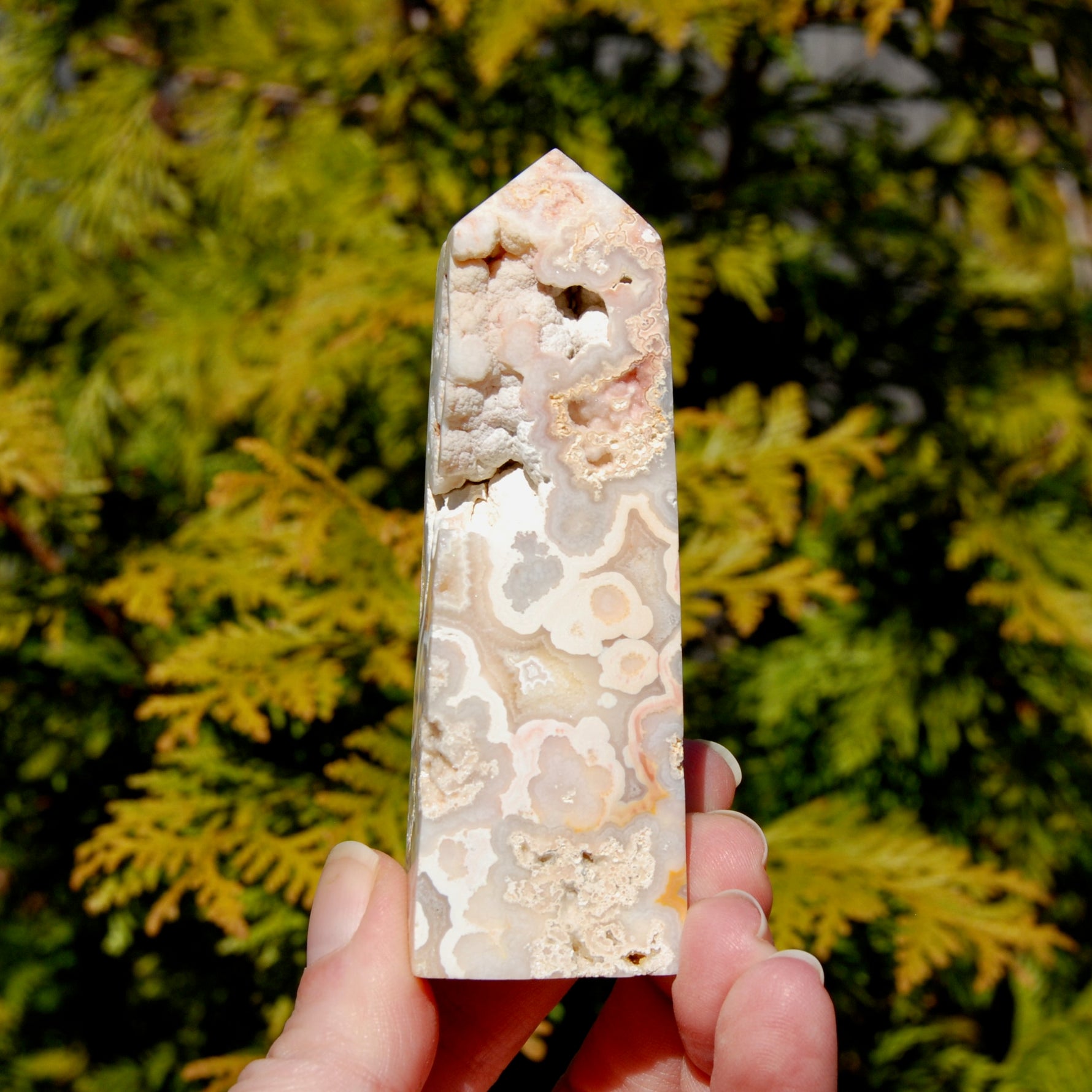 Pink crazy lace agate crystal tower
