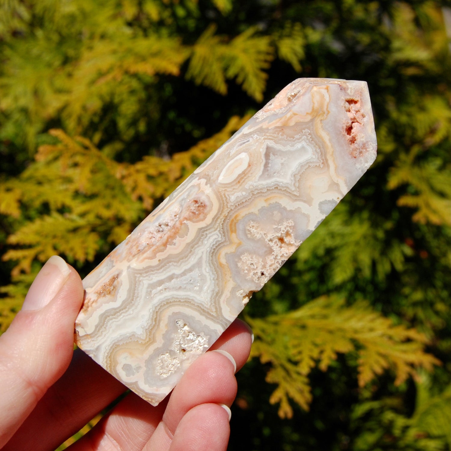 Pink crazy lace agate crystal tower