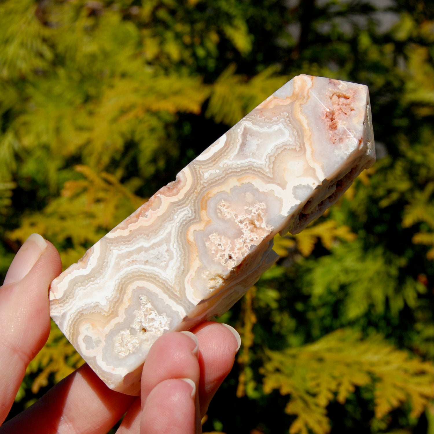 Pink crazy lace agate crystal tower