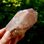 4in 176g DT Pink Lithium Lemurian Quartz Crystal, Dreamcoat Tabby Hematoid Includions from Brazil for sale