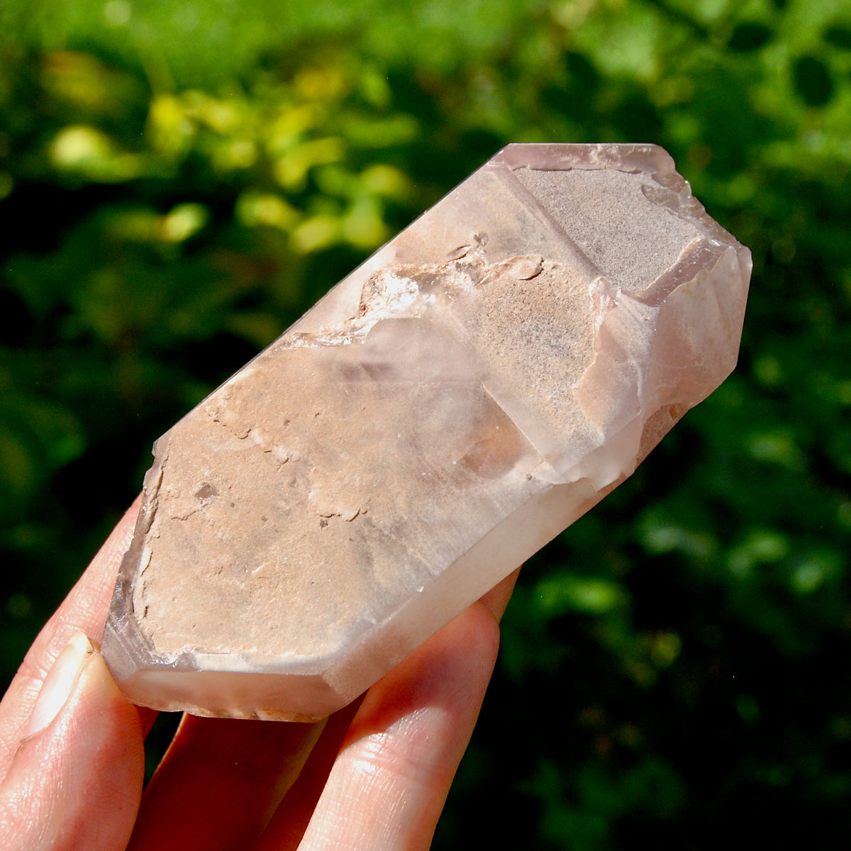 4in 176g DT Pink Lithium Lemurian Quartz Crystal, Dreamcoat Tabby Hematoid Includions from Brazil for sale