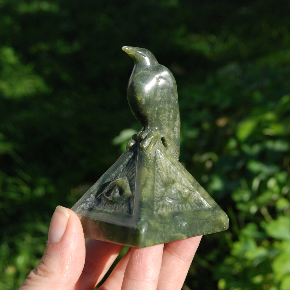 Serpentine Raven Carving All Seeing Eye Pyramid for sale