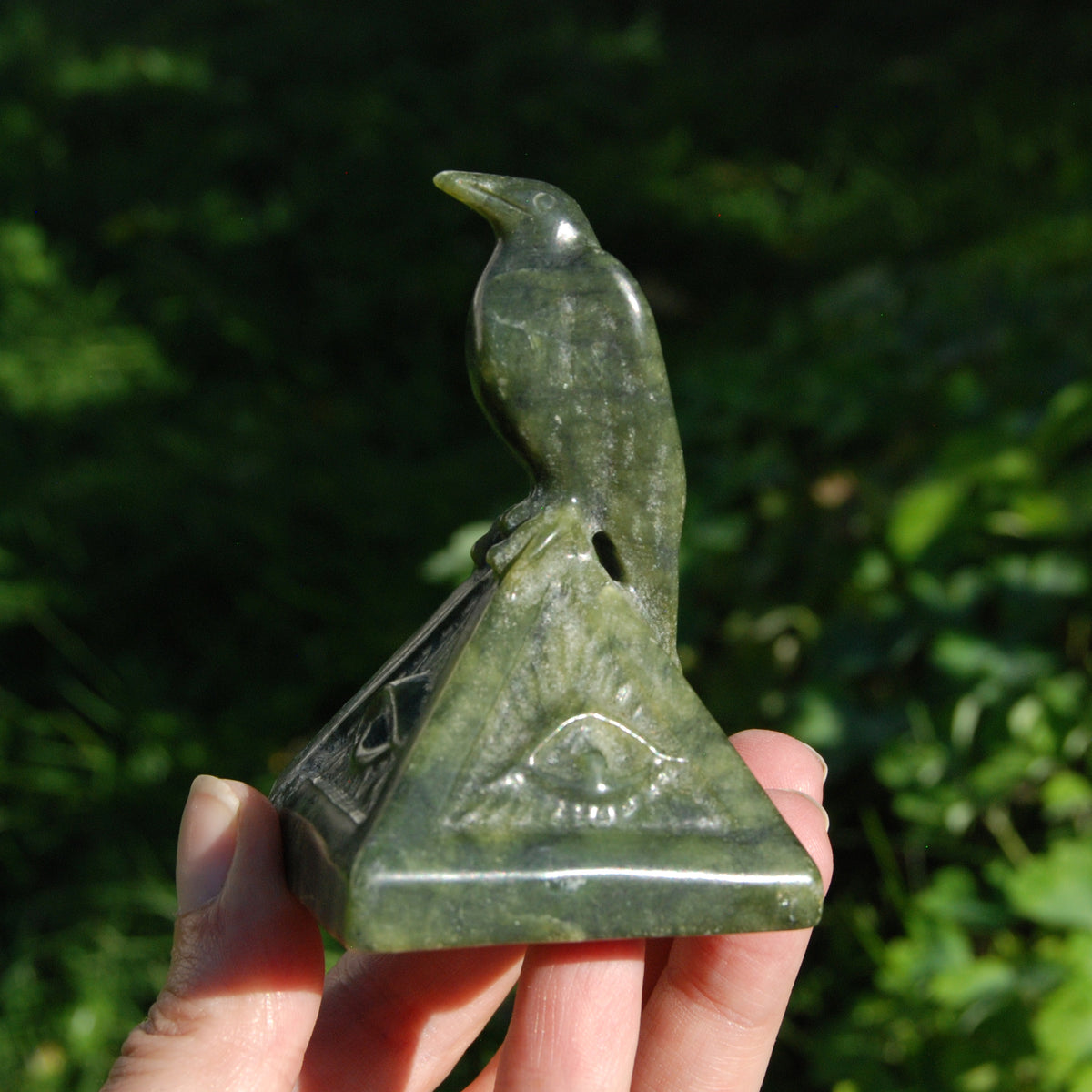 Serpentine Raven Carving All Seeing Eye Pyramid for sale