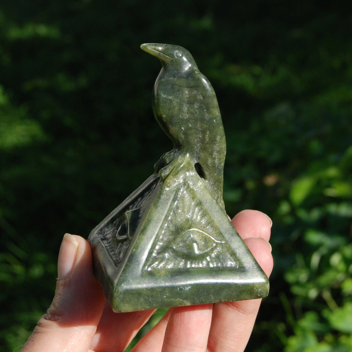 Serpentine Raven Carving All Seeing Eye Pyramid for sale