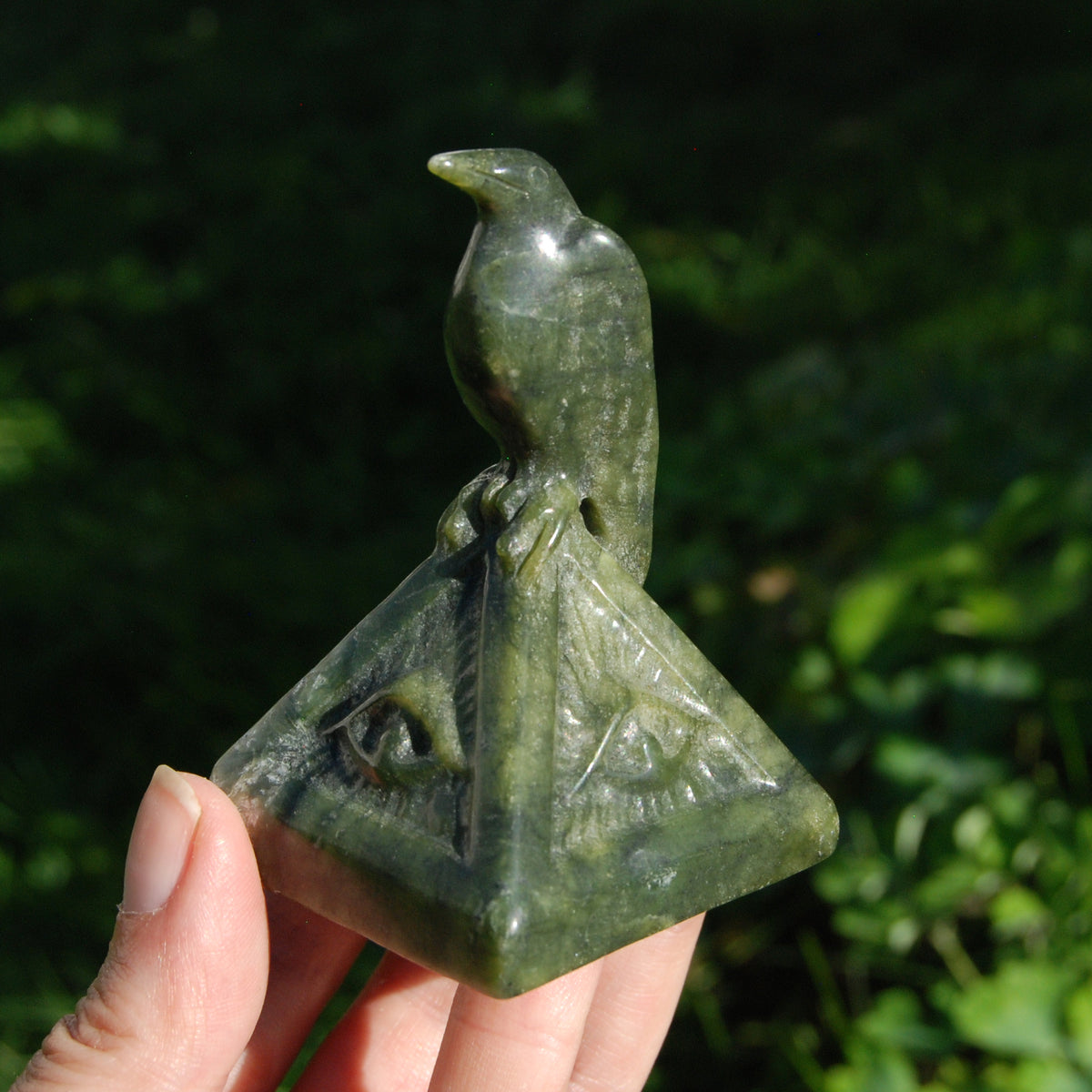 Serpentine Raven Carving All Seeing Eye Pyramid for sale