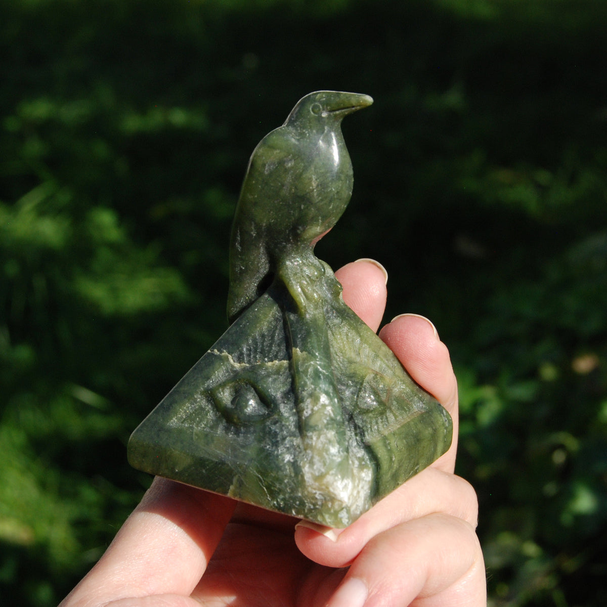 Serpentine Raven Carving All Seeing Eye Pyramid for sale