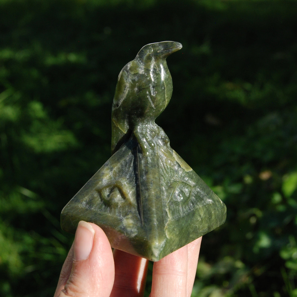 Serpentine Raven Carving All Seeing Eye Pyramid for sale
