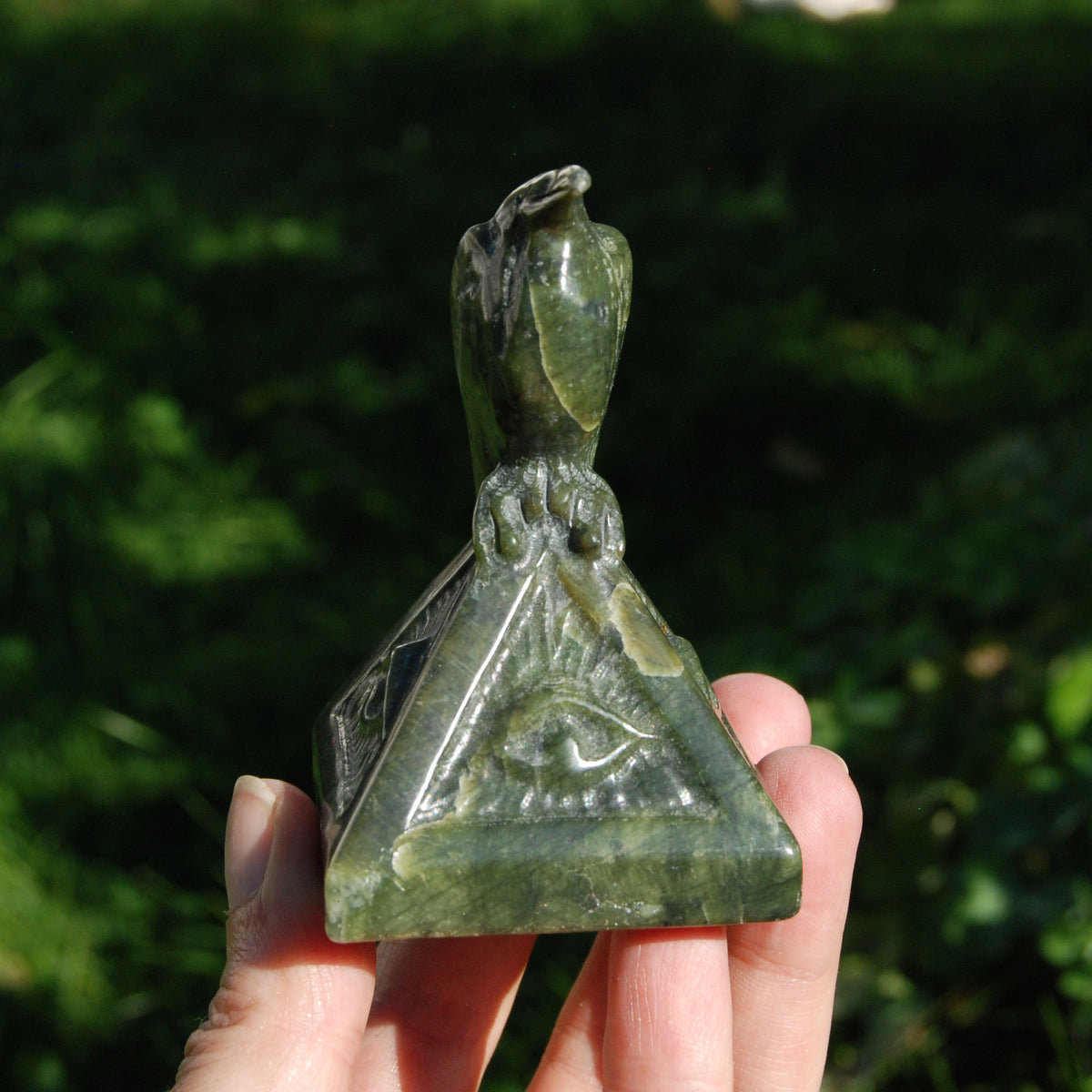 Serpentine Raven Carving All Seeing Eye Pyramid for sale