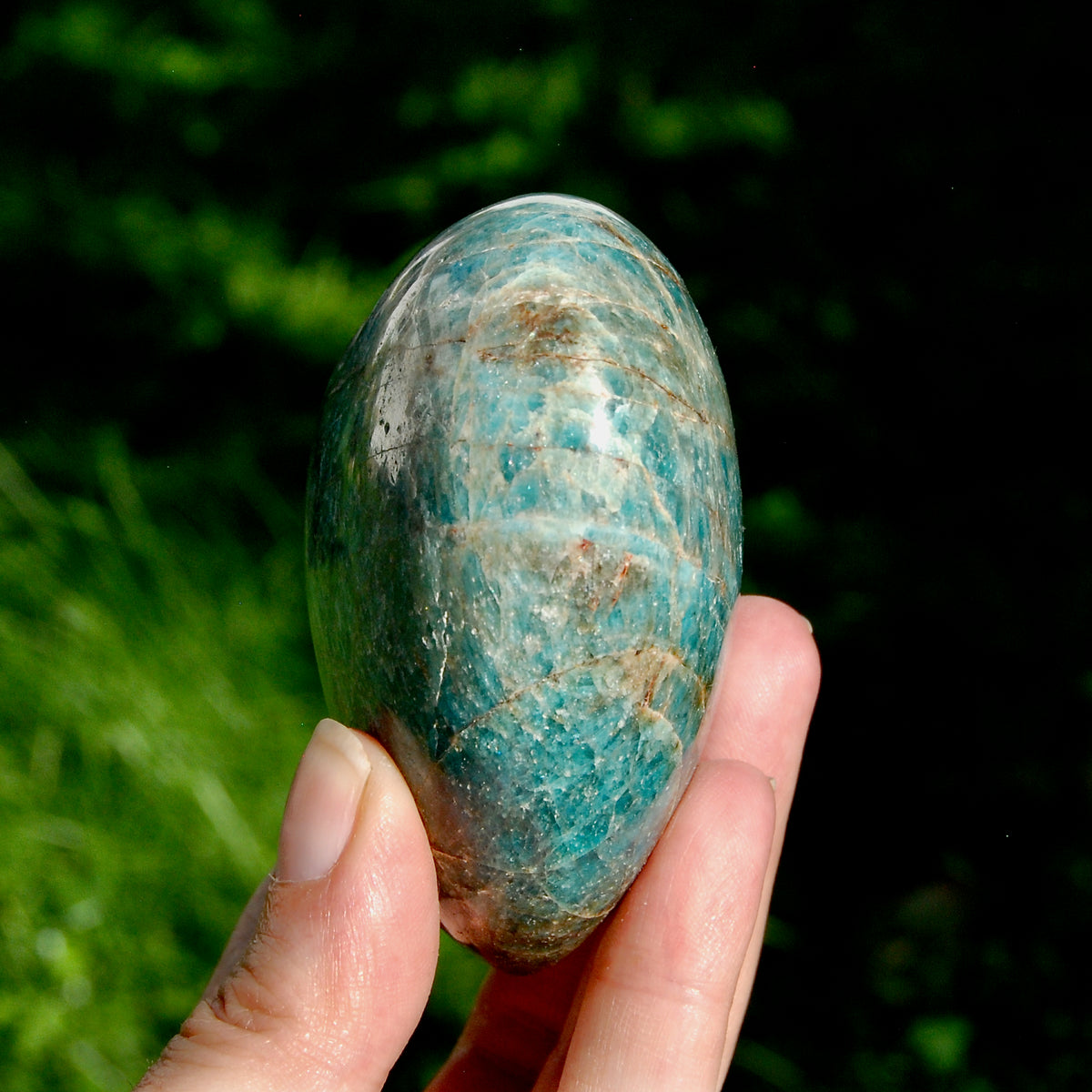 Large Blue Apatite Crystal Heart Shaped Palm Stone 3.3in 410g for sale