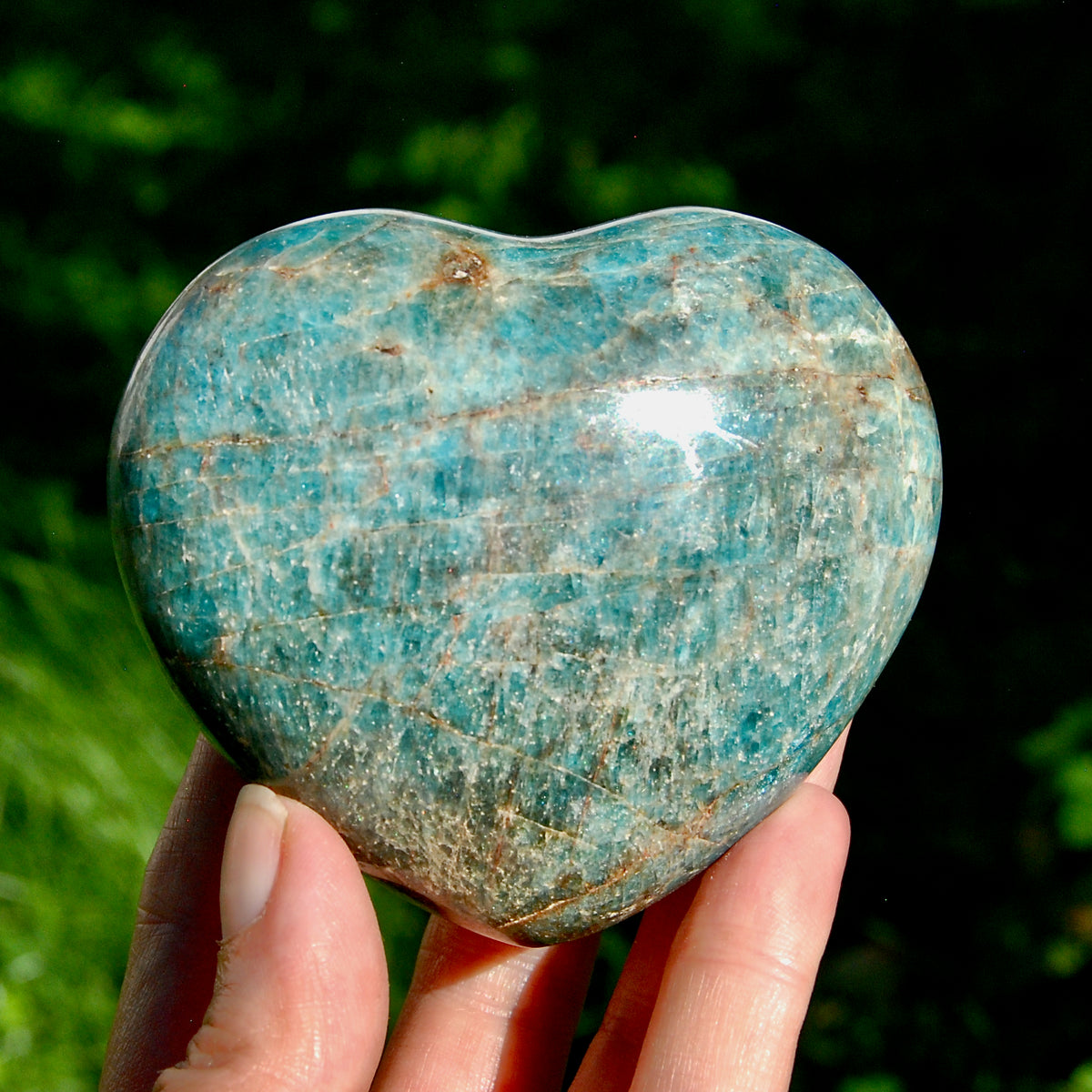 Large Blue Apatite Crystal Heart Shaped Palm Stone 3.3in 410g for sale