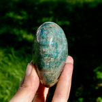 Large Blue Apatite Crystal Heart Shaped Palm Stone 3.3in 410g for sale