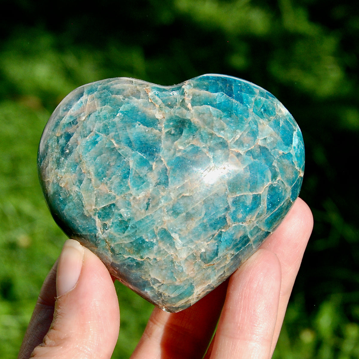 Large Blue Apatite Crystal Heart Shaped Palm Stone 2.8in 250g for sale