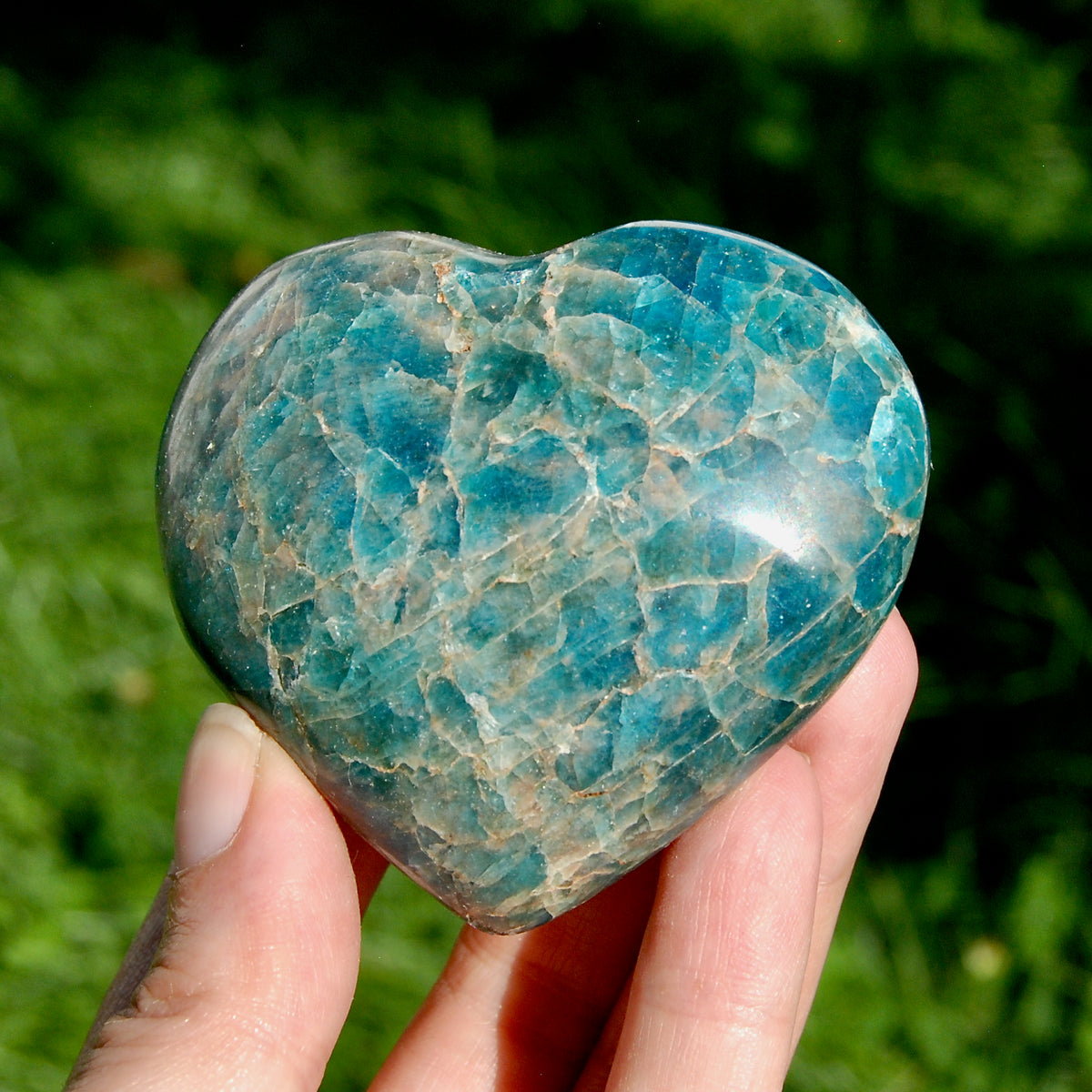 Large Blue Apatite Crystal Heart Shaped Palm Stone 2.8in 250g for sale